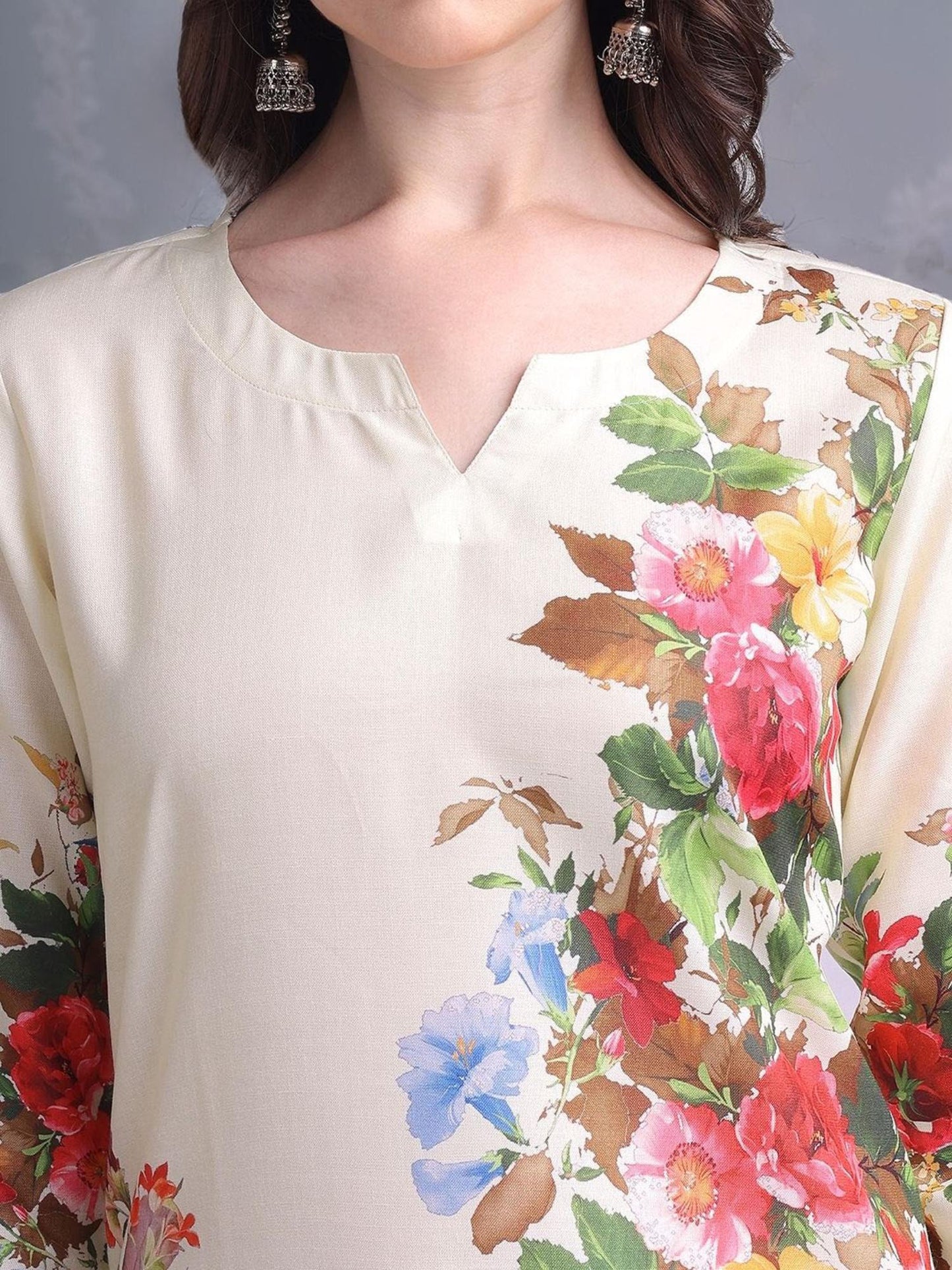 Womens Printed Cotton Blend Straight Co-Ord Set - Cream