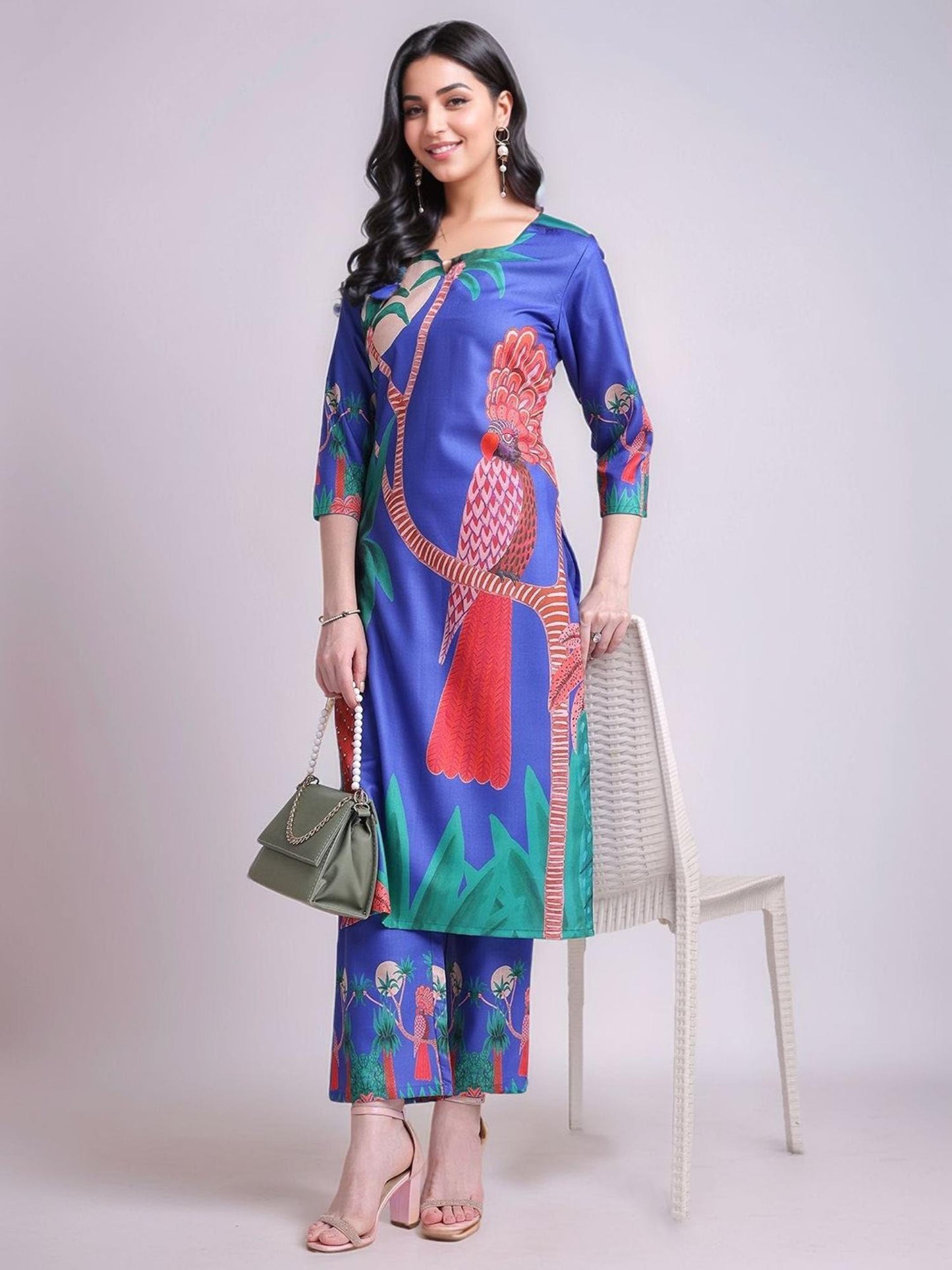 Womens Printed Cotton Blend Straight Co-Ord Set - Blue