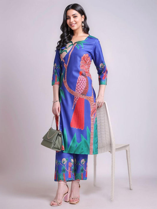 Womens Printed Cotton Blend Straight Co-Ord Set - Blue