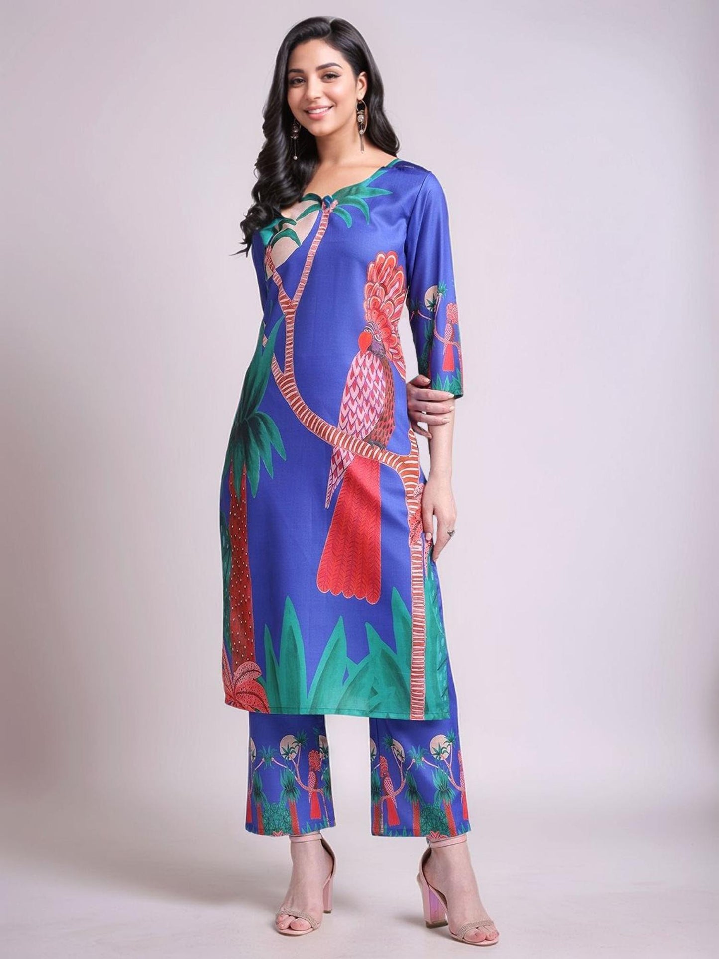 Womens Printed Cotton Blend Straight Co-Ord Set - Blue