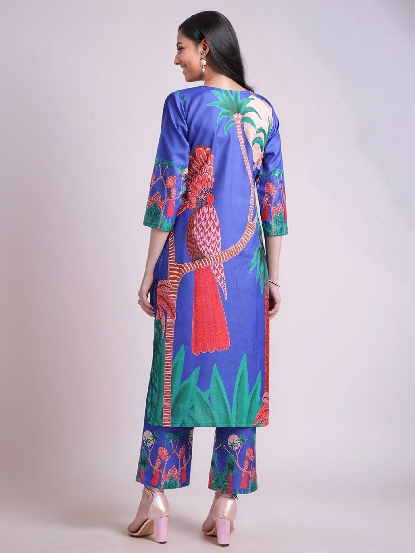 Womens Printed Cotton Blend Straight Co-Ord Set - Blue
