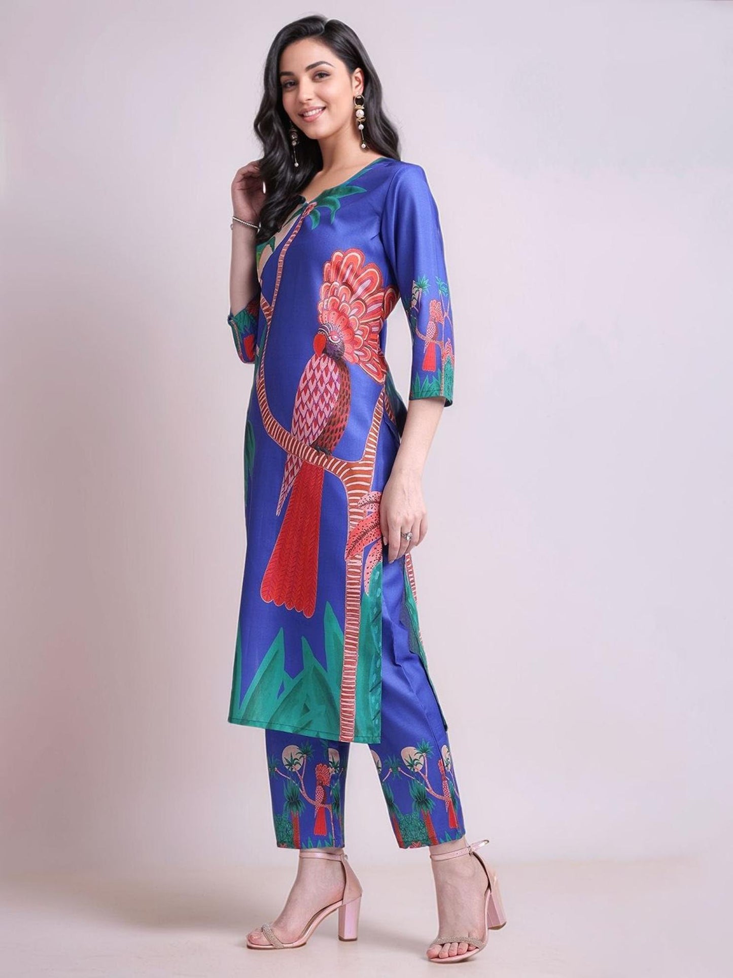 Womens Printed Cotton Blend Straight Co-Ord Set - Blue