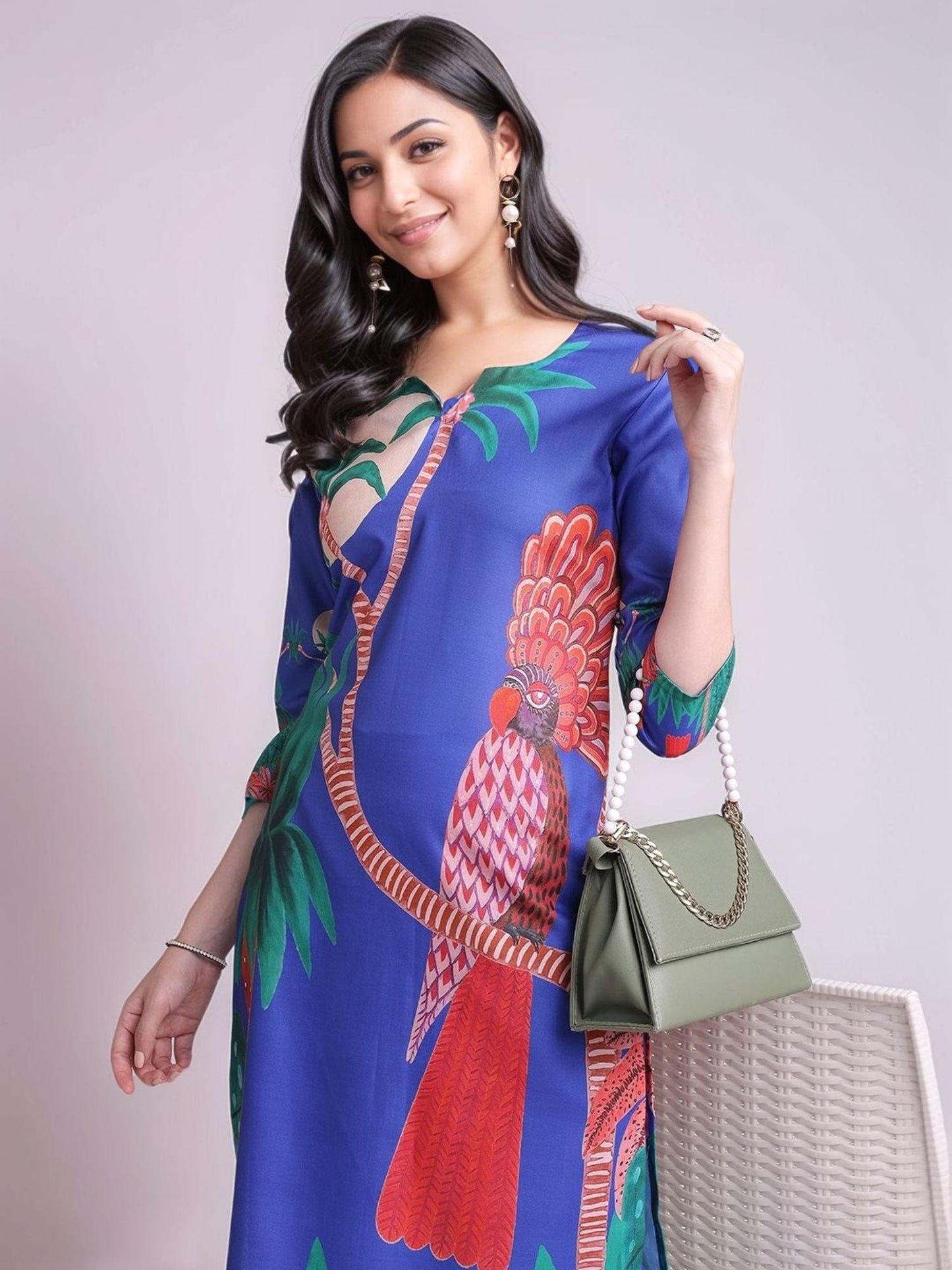 Womens Printed Cotton Blend Straight Co-Ord Set - Blue