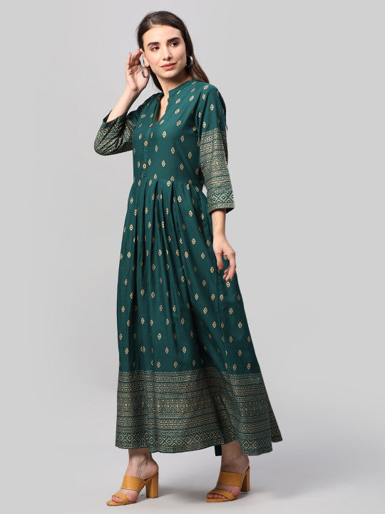 Aaysa Kurti Ethnic Motifs Printed Mandarin Collar Pleated Detailed Maxi Ethnic Dress