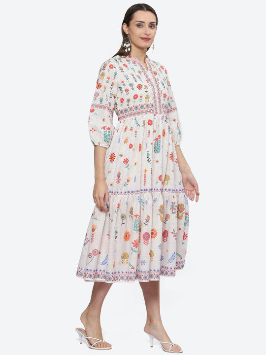 Biba Floral Printed Puff Sleeve Fit & Flare Midi Ethnic Dress