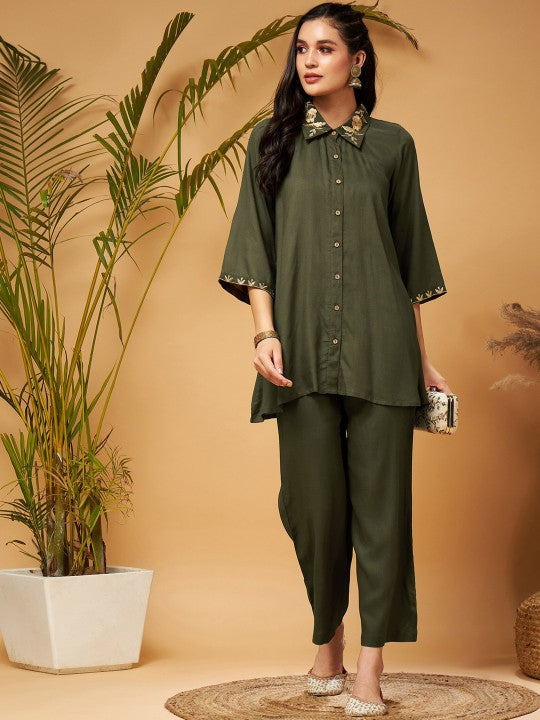 Zari Embroidered Shirt Collar Tunic Top With Palazzos Co-Ords