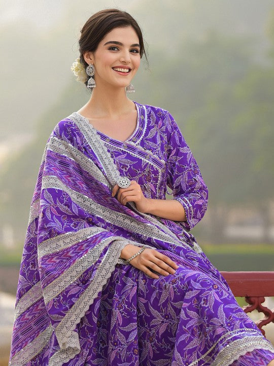Ishin Floral Printed Angrakha Thread Work Pure Cotton Kurta with Trousers & Dupatta