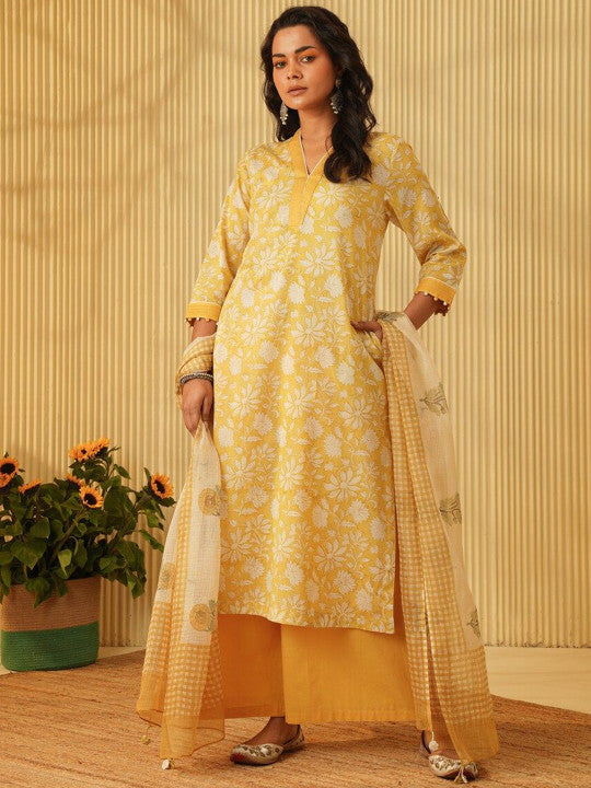 Floral Printed V-Neck Straight Kurta