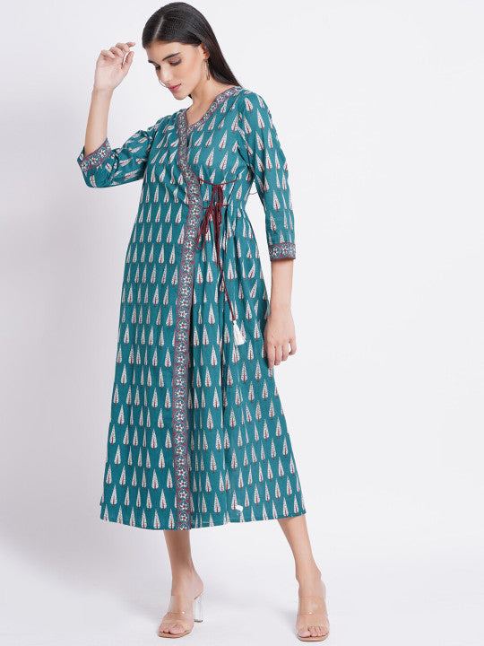 SUTI Ethnic Motifs Printed Sequinned Angrakha Cotton Ethnic Dress