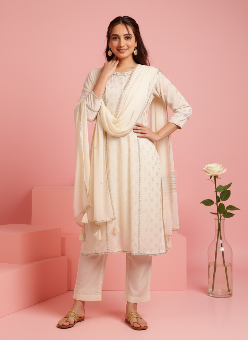 Embroidered Georgette Gold foil Flared Off White Kurta
