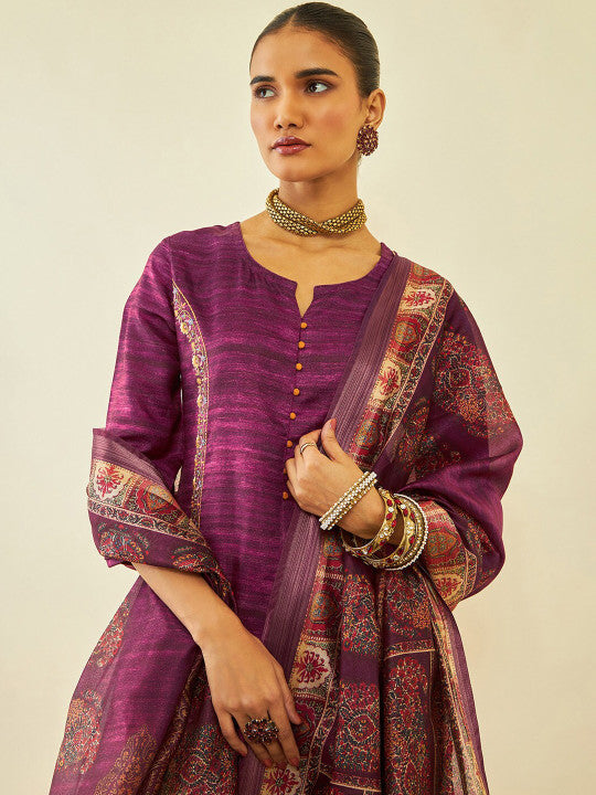 Floral Printed Regular Thread Work Kurta With Trousers & Dupatta
