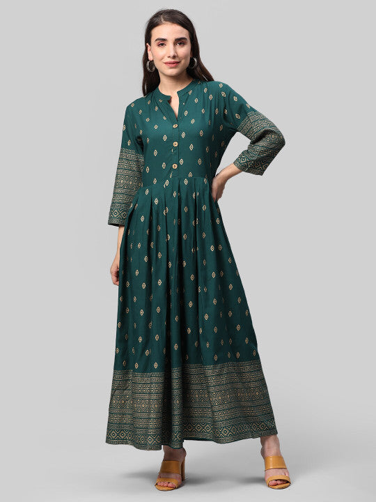 Aaysa Kurti Ethnic Motifs Printed Mandarin Collar Pleated Detailed Maxi Ethnic Dress