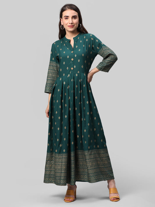 Aaysa Kurti Ethnic Motifs Printed Mandarin Collar Pleated Detailed Maxi Ethnic Dress