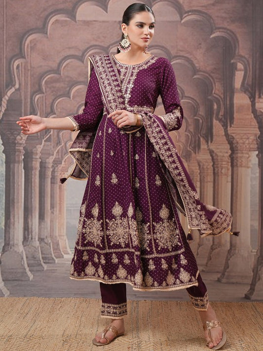 Vishudh Maroon Ethnic Motifs Embroidered Thread Work A-Line Kurta With Trousers & Dupatta