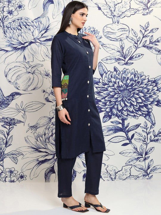Vishudh Navy Blue Sea Shell Button Mandarin Collar Pure Cotton Tunic With Trousers