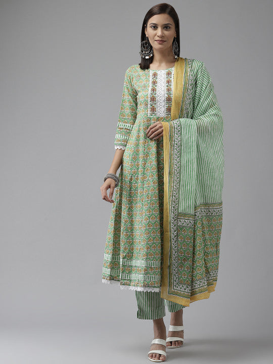Amirah s Women Green Ethnic Motifs Printed Pure Cotton Kurta with Trousers & Dupatta
