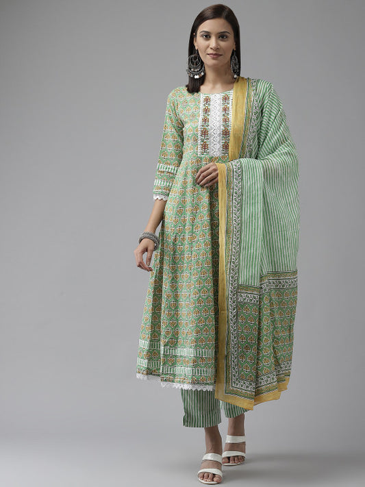Amirah s Women Green Ethnic Motifs Printed Pure Cotton Kurta with Trousers & Dupatta