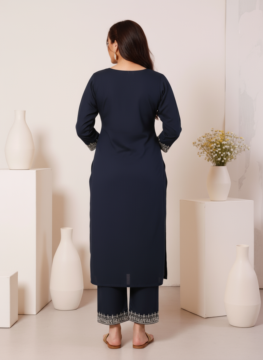 Embroidered Soft Cotton Solid Straight Navy Blue Kurta