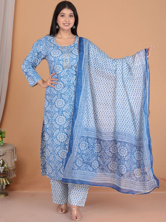 VL SAREES Ethnic Motifs Printed Round Neck Pure Cotton Kurta With Trouser With Dupatta