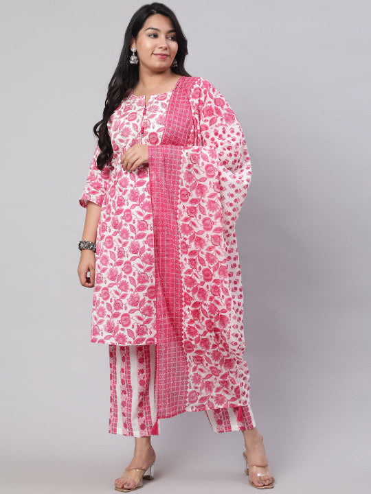 Jaipur Kurti Plus Size Floral Printed Straight Kurta & Trousers With Dupatta