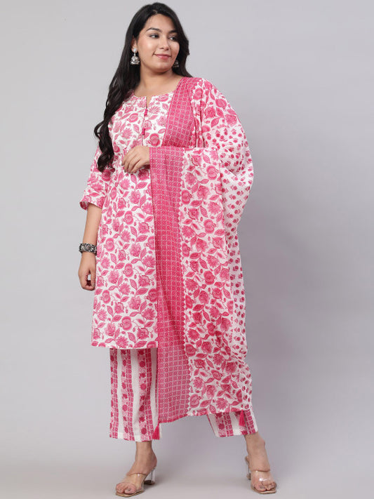 Jaipur Kurti Plus Size Floral Printed Straight Kurta & Trousers With Dupatta