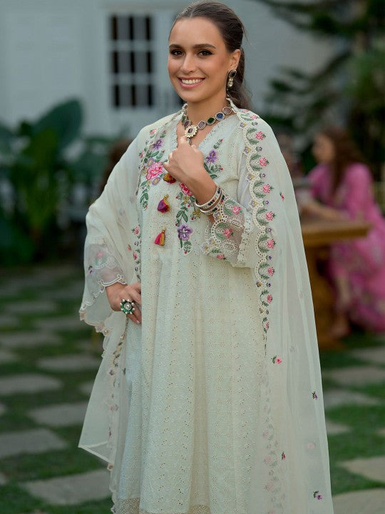 Indo Era Floral Yoke Design Thread Work Pure Cotton Anarkali Kurta Wth Trousers & Dupatta