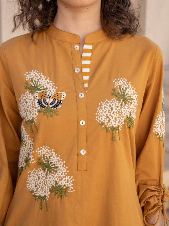 Indo Era Floral Embroidered Pure Cotton Tunic With Trousers Co-Ords