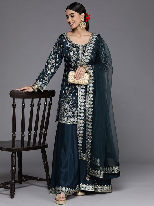 Teal Pure Silk Embroidered Kurti &amp; Palazzo with Dupatta (Set of 3)