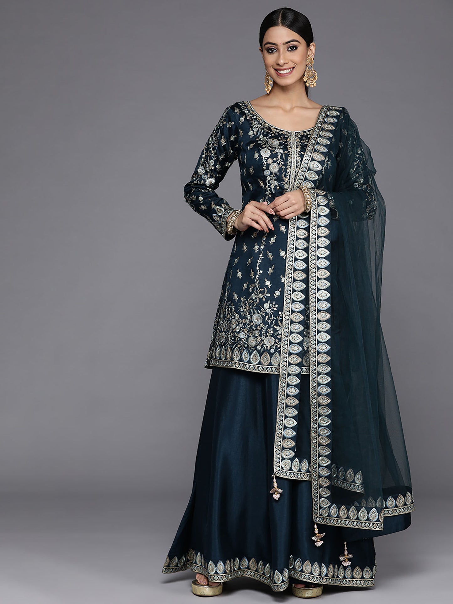 Teal Pure Silk Embroidered Kurti &amp; Palazzo with Dupatta (Set of 3)