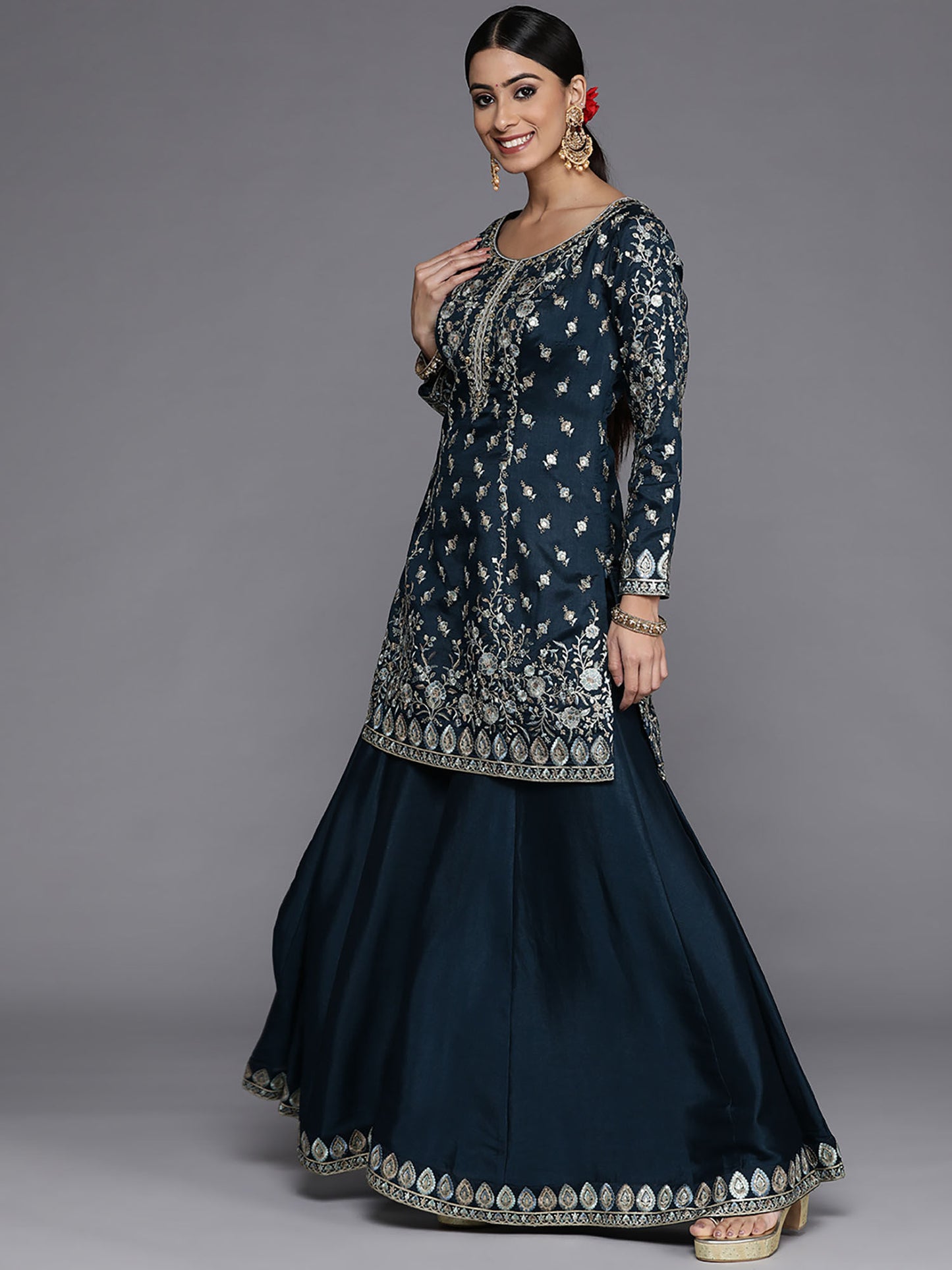 Teal Pure Silk Embroidered Kurti &amp; Palazzo with Dupatta (Set of 3)