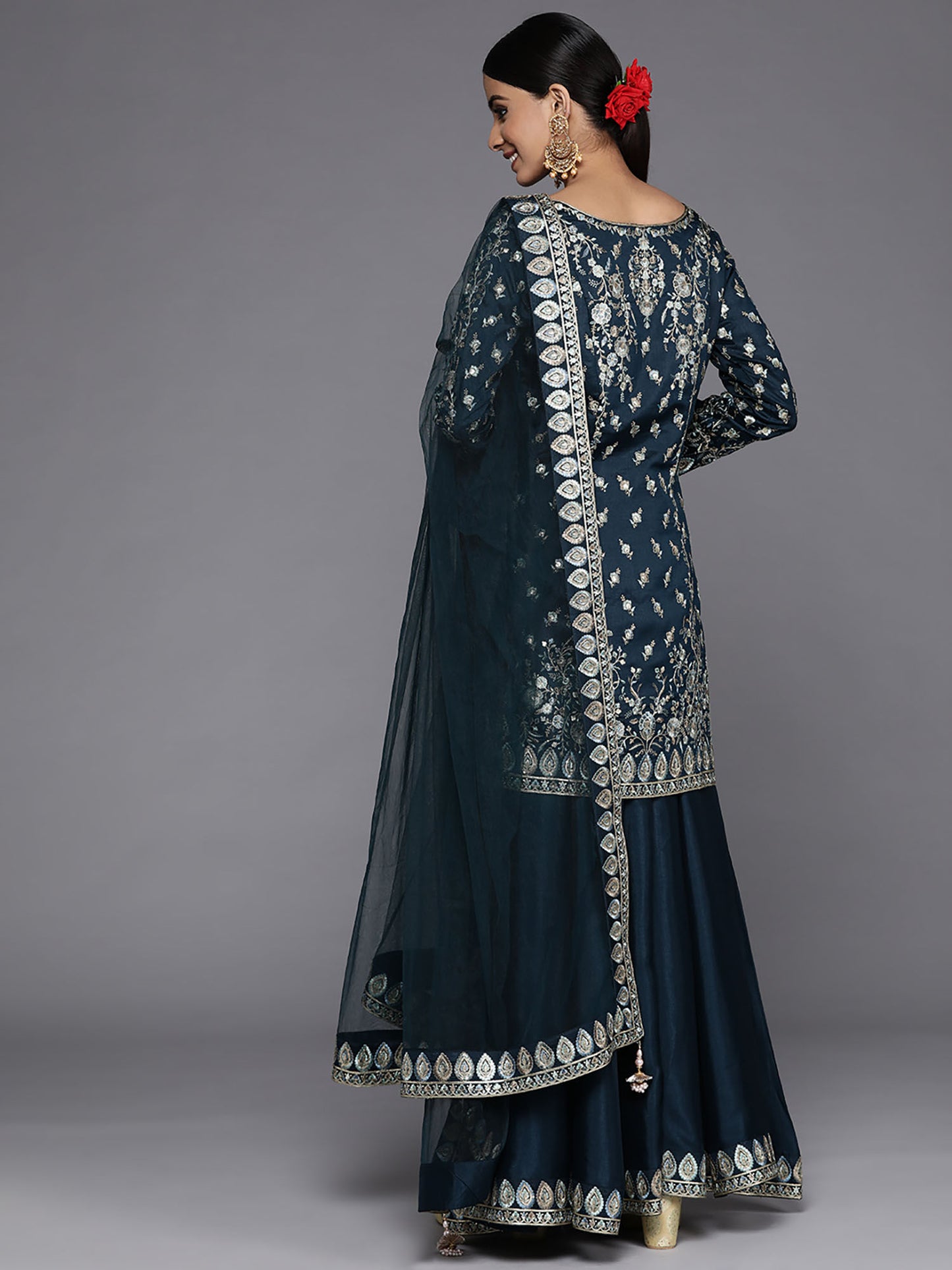 Teal Pure Silk Embroidered Kurti &amp; Palazzo with Dupatta (Set of 3)