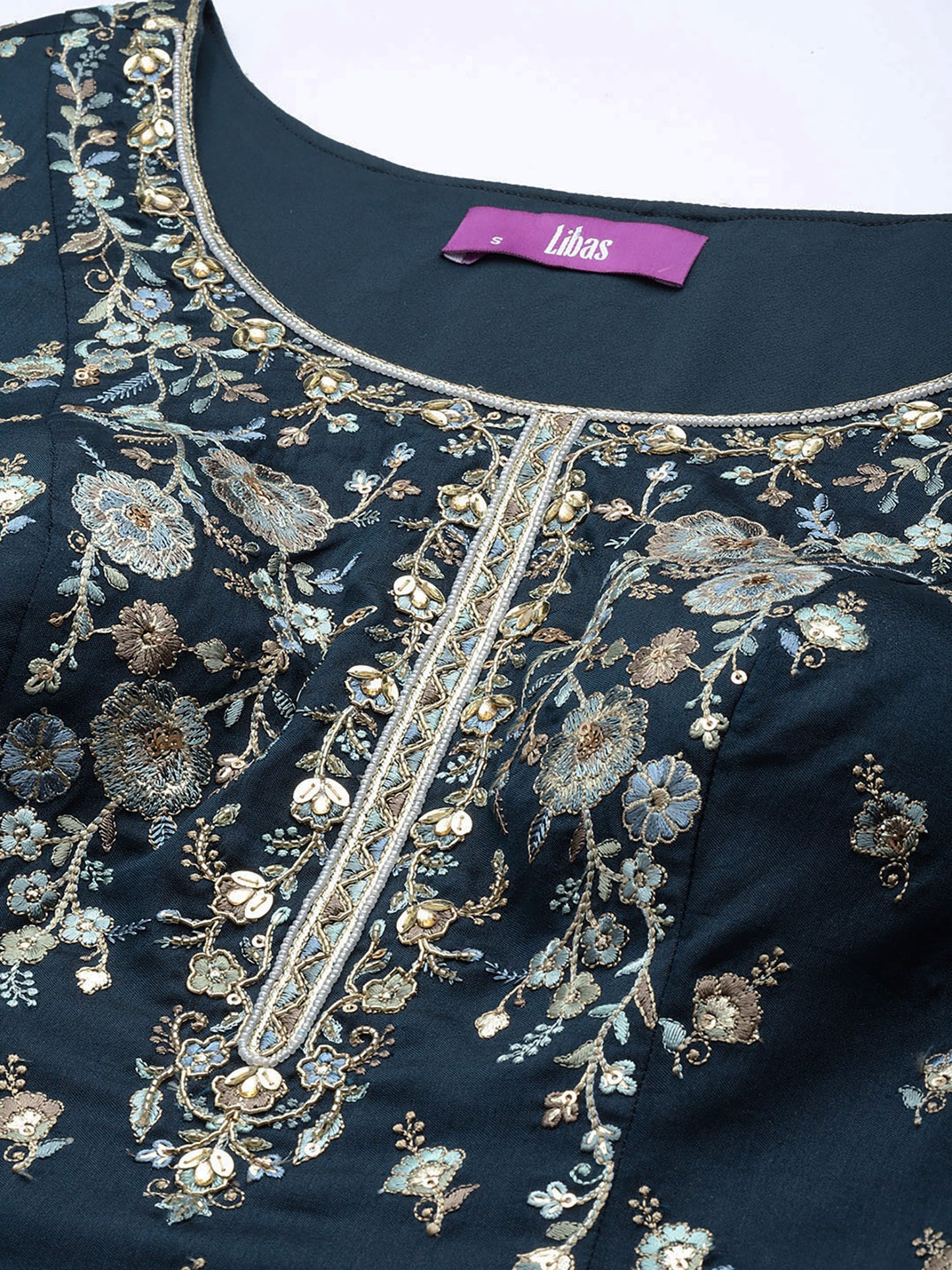 Teal Pure Silk Embroidered Kurti &amp; Palazzo with Dupatta (Set of 3)