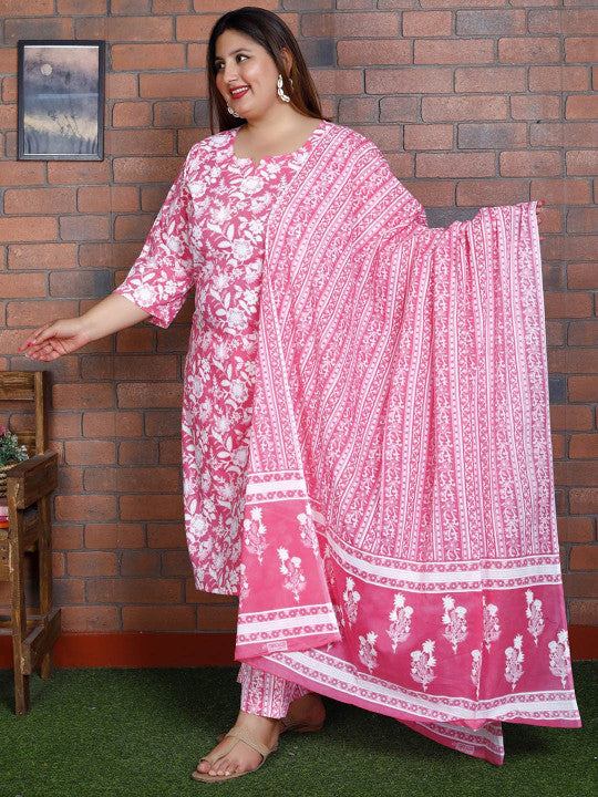 Swasti Women Floral Printed Regular Sequinned Pure Cotton Kurta with Trousers & With Dupatta