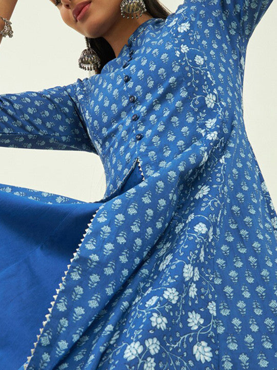 Mandarin Collar Floral Printed Cotton Fit & Flare Midi Ethnic Dress