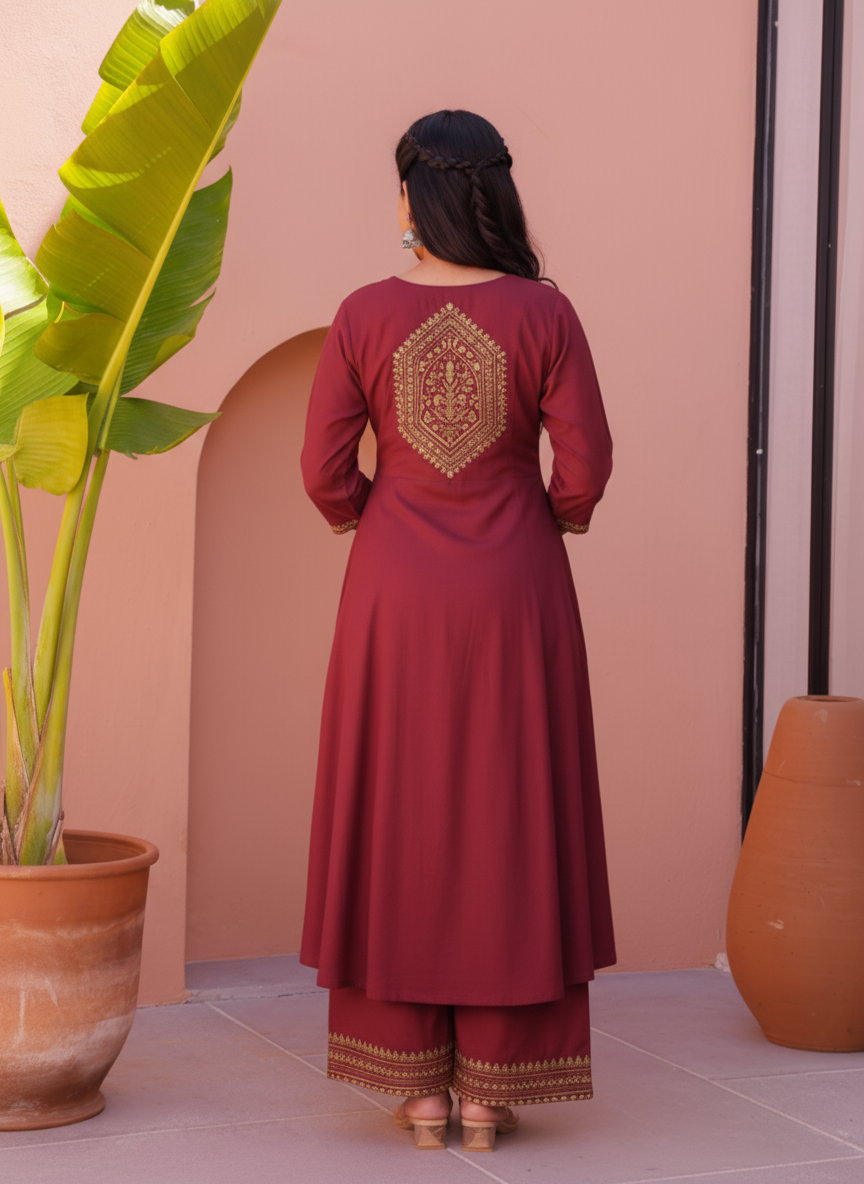Embroidered Linen Cotton Solid Straight Rust Kurta