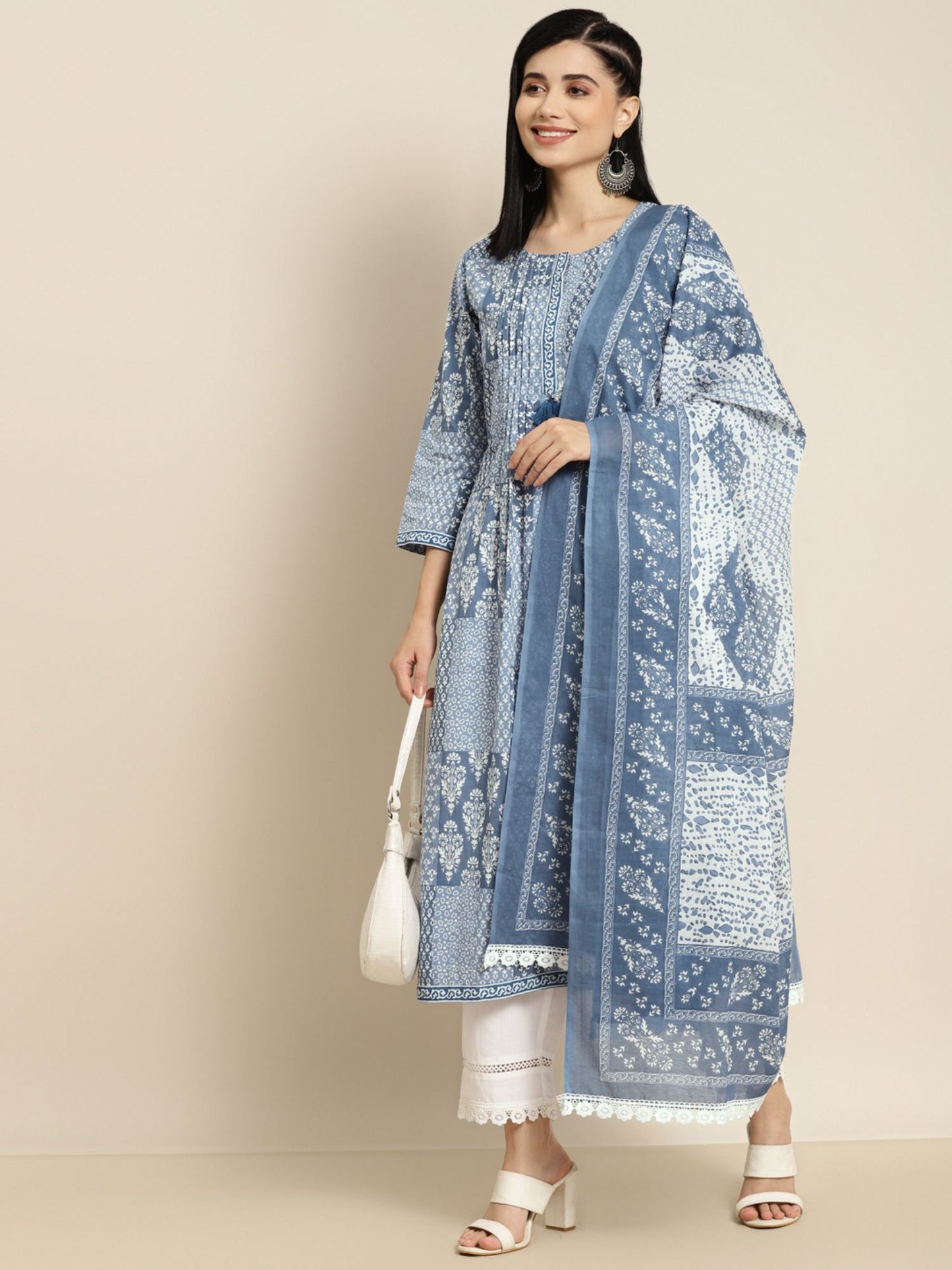 Women Blue Printed Sequinned Kurta with Trouser and Dupatta (Set of 3)