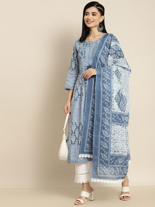 Women Blue Printed Sequinned Kurta with Trouser and Dupatta (Set of 3)