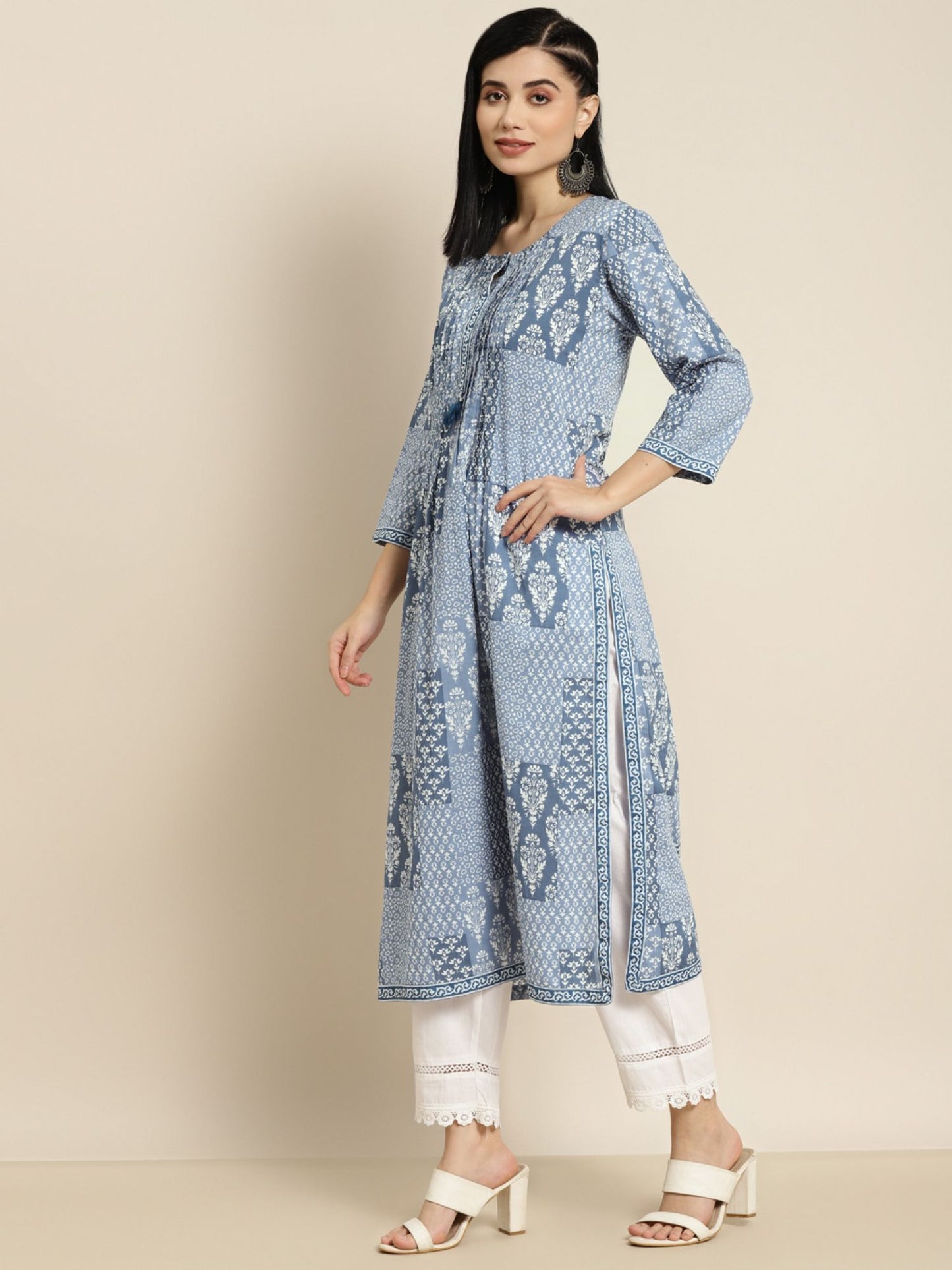 Women Blue Printed Sequinned Kurta with Trouser and Dupatta (Set of 3)