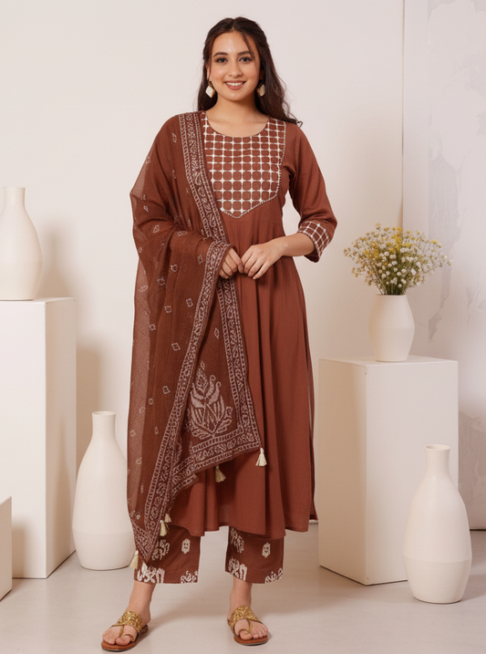 Embroidered Soft Cotton Solid Anarkali Rust Kurta