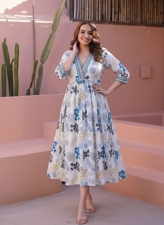 Soft Cotton Geometric Anarkali Multicolor Dress