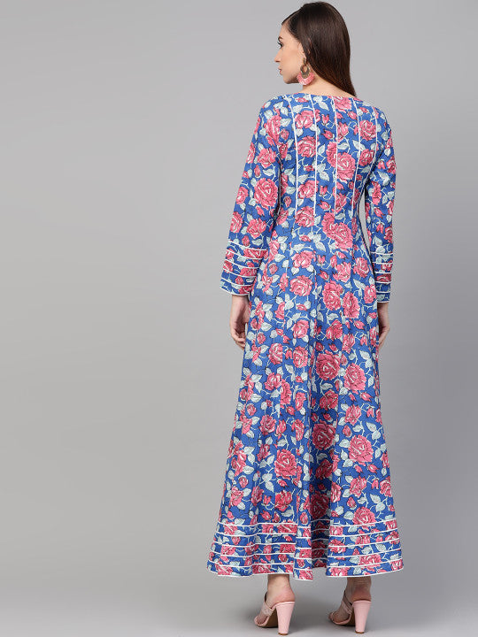 Idalia Women Blue & Pink Hand Block Print Maxi Dress