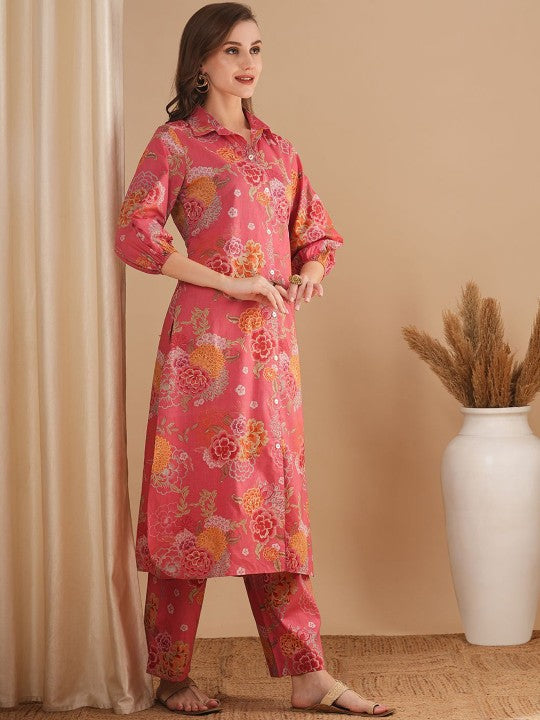 FASHOR Pink Shirt Collar Floral Printed Cotton Tunic With Trouser
