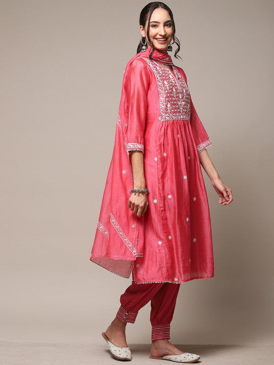 Biba Ethnic Motifs Embroidered Empire Chanderi Silk Kurta With Salwar & Dupatta