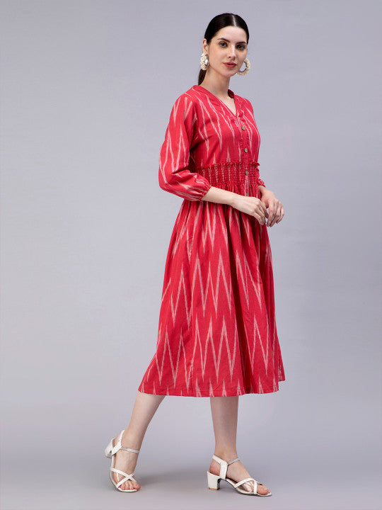 ENTELLUS Geometric Printed V-Neck Smocked Cotton A-Line Midi Dress
