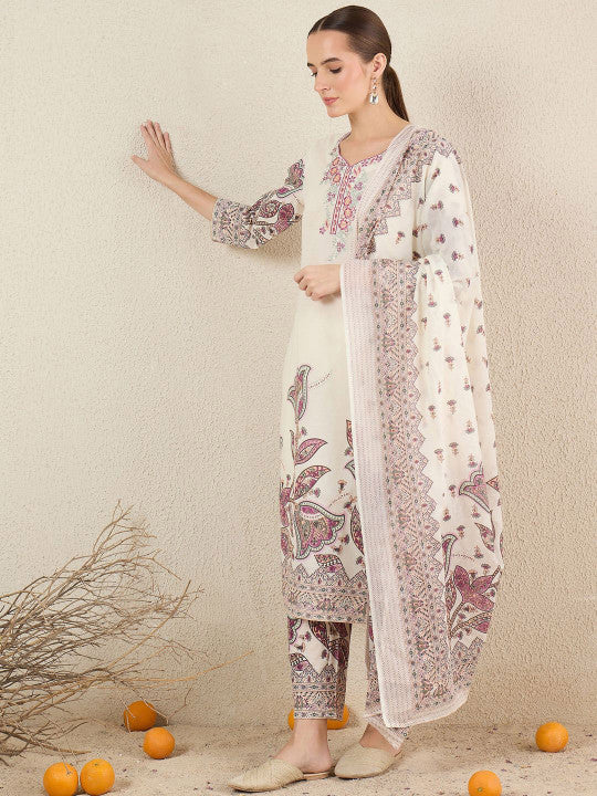 Indo Era Women Floral Printed Cotton Kurta with Trousers & Dupatta