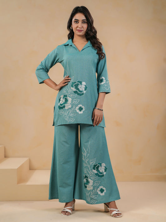 Green Straight Floral Tunic With Palazzo Co-Ord Set
