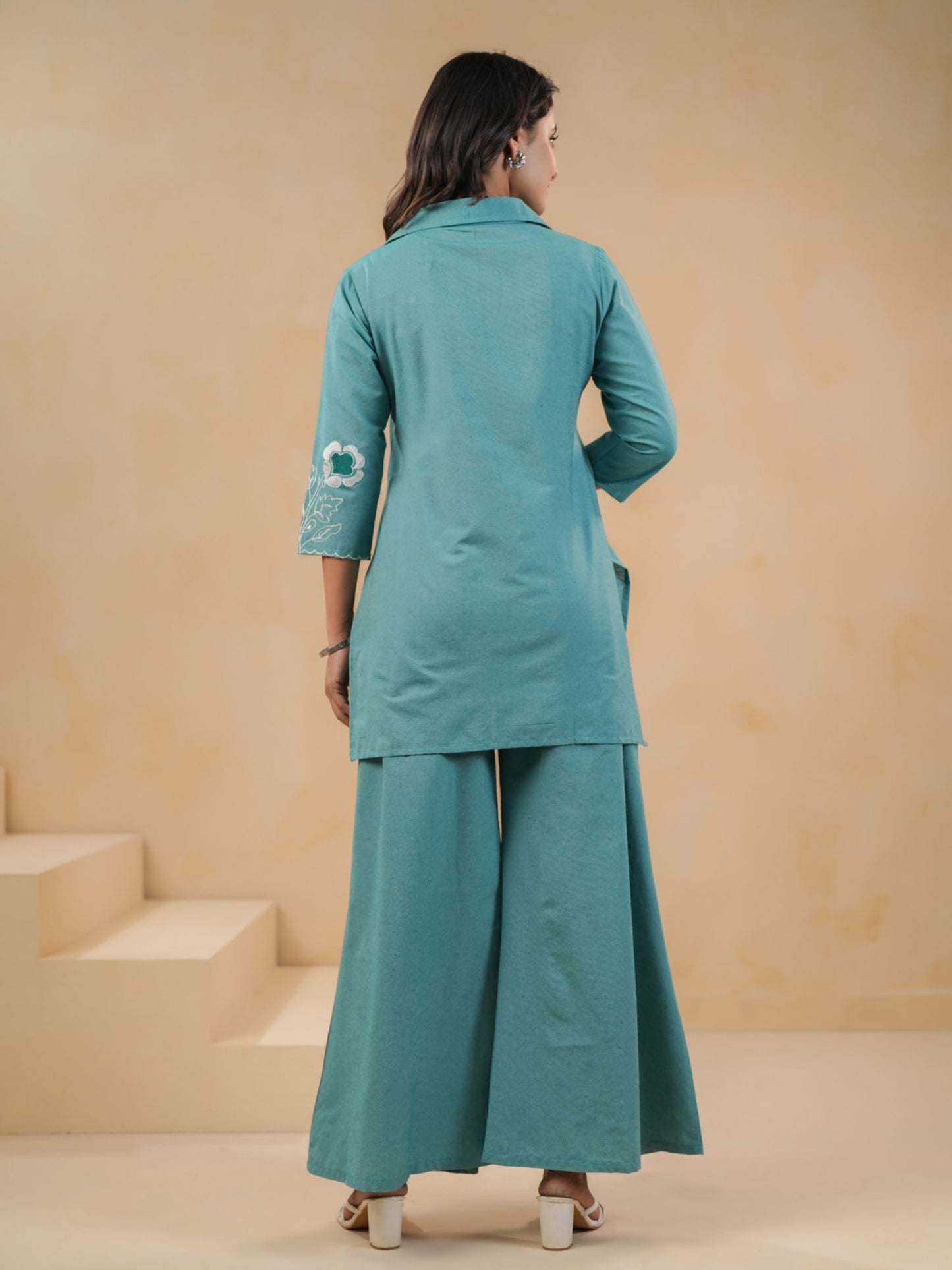 Green Straight Floral Tunic With Palazzo Co-Ord Set