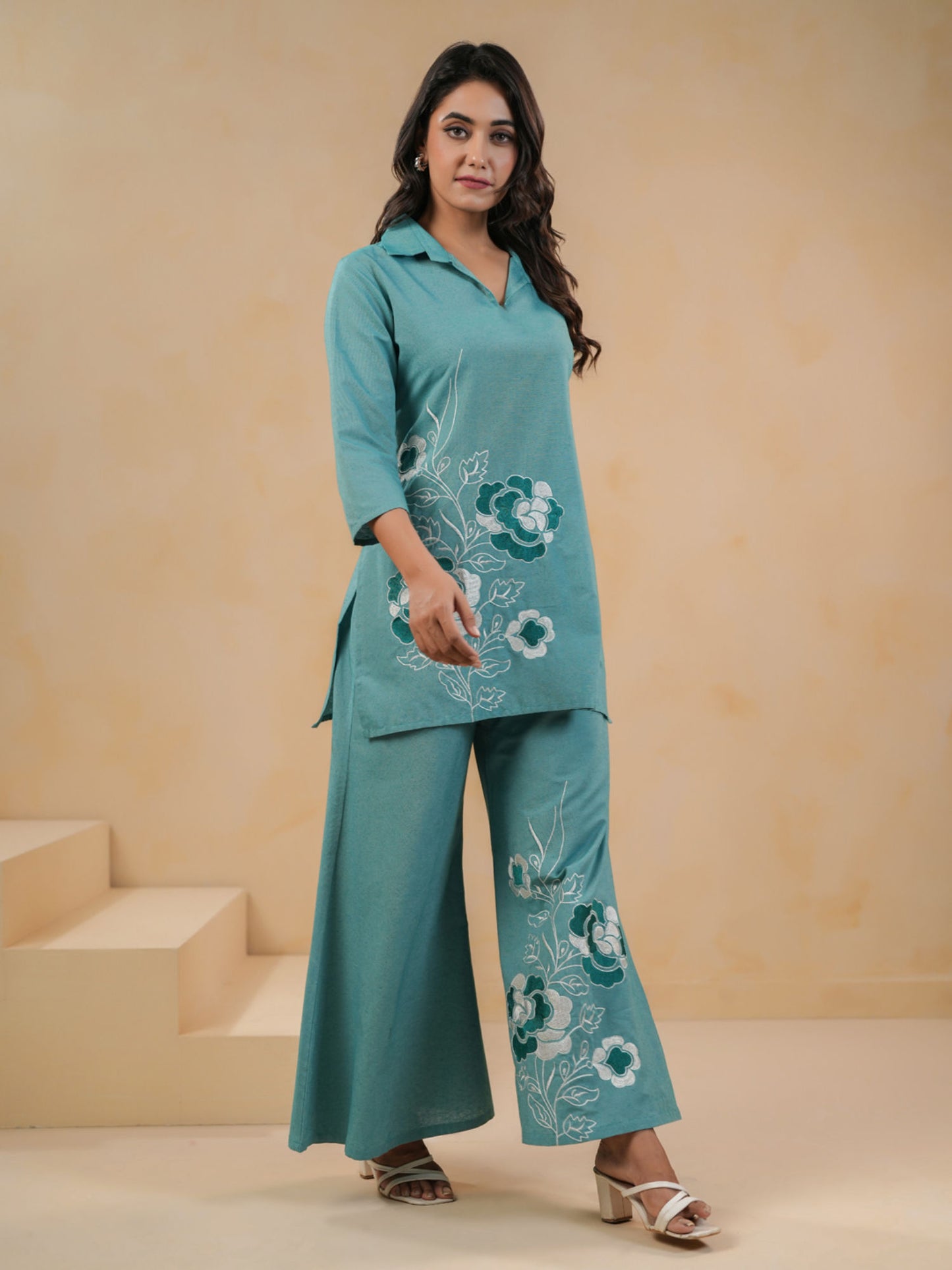 Green Straight Floral Tunic With Palazzo Co-Ord Set