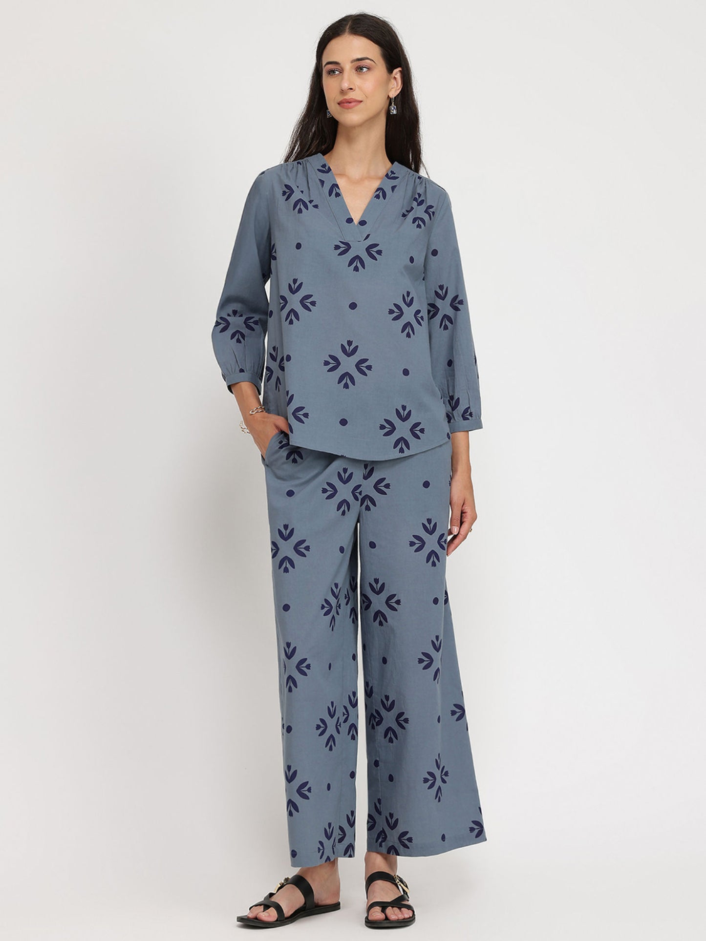 Cotton Floral Motif Tunic With Pant Co-Ord - Blue