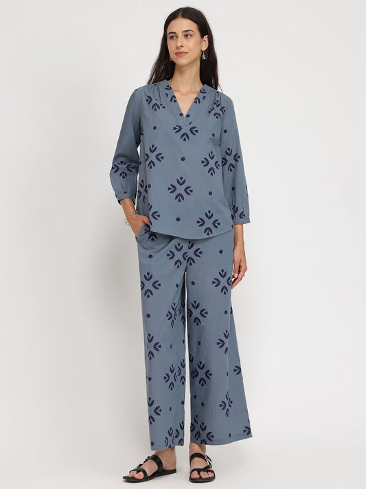 Cotton Floral Motif Tunic With Pant Co-Ord - Blue